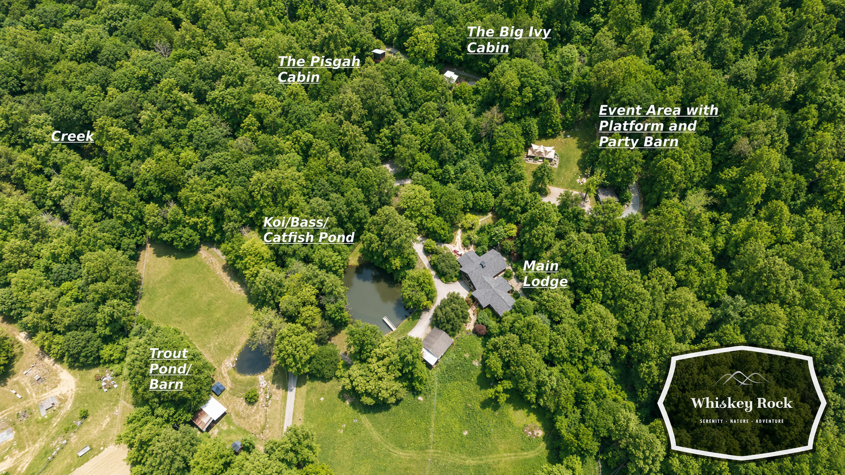 Aerial map of Whiskey Rock property showing cabins, main lodge, ponds, event area, and creek