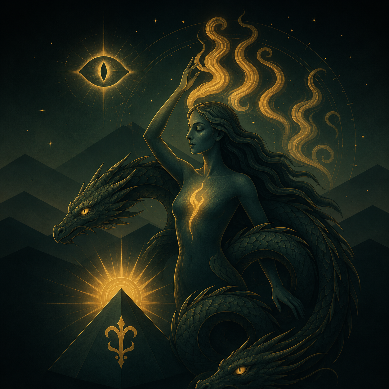 Dragon goddess with coiled serpent, sacred eye, and sunrise pyramid
