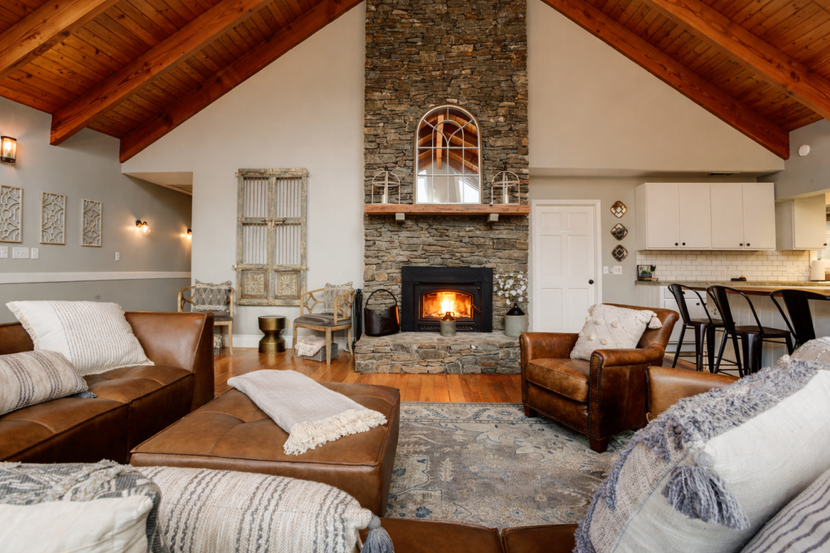 Stone fireplace and gathering space