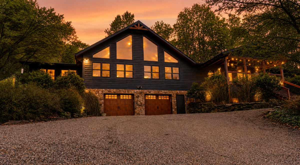Whiskey Rock estate at sunset, glowing under the Blue Ridge sky